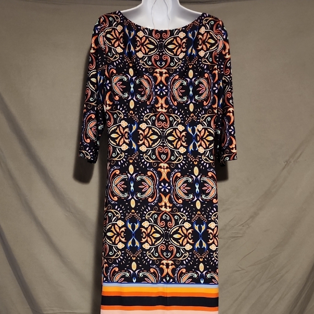 Vince Camuto Orange and Blue Sheath Dress with Bishop Sleeves - Picture 3 of 9